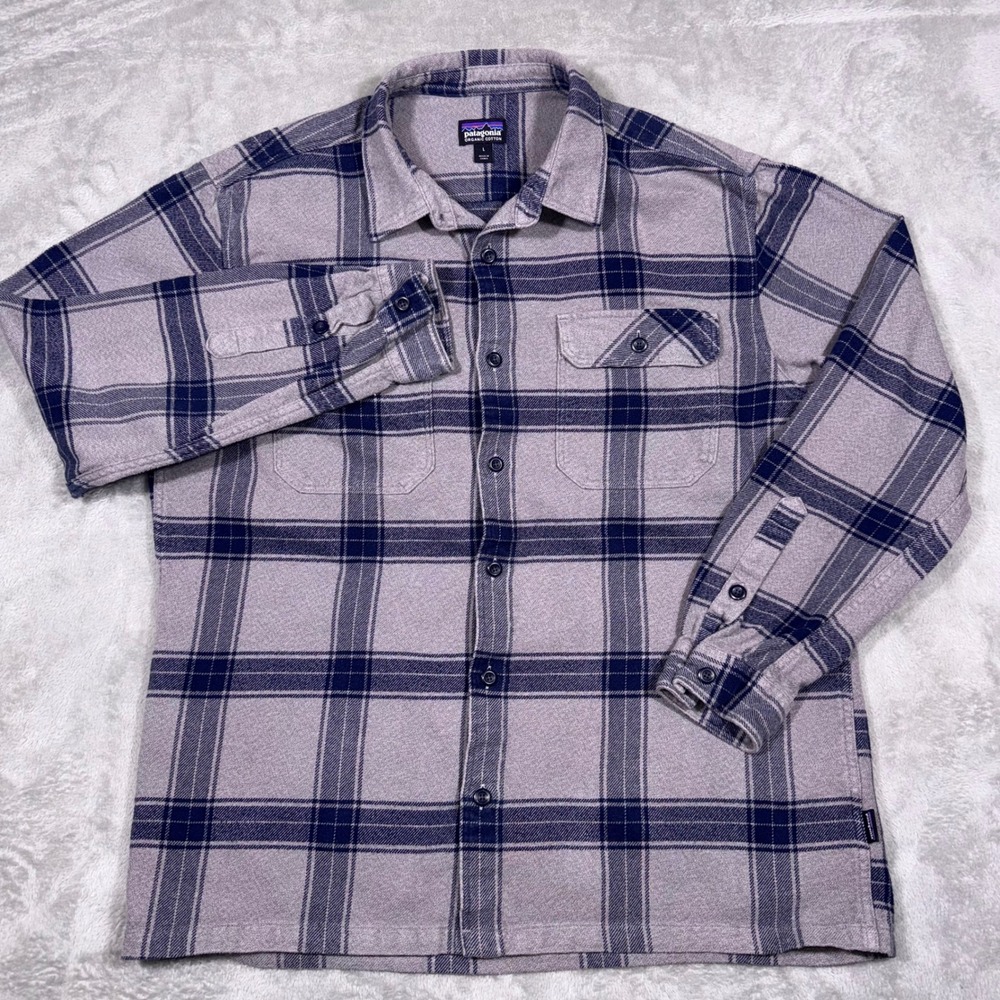 Patagonia Mens Fjord Flannel Shirt Large Grey Navy Plaid Organic Cotton 53947